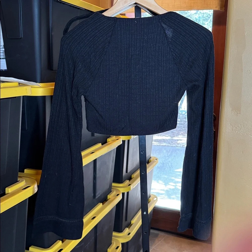 Free People Black Ribbed Bell Sleeve Crop Top Boho Size Small